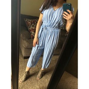 Blue & White Stripe V-Neck Tie Waist Romper